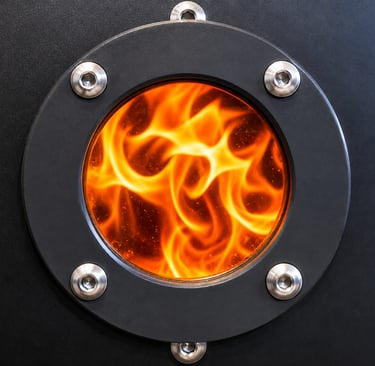 Close-up of bright orange fire a circular tempered glass industrial pyrolysis window.