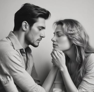A woman sits on a couch holding a child on her lap, while another child stands by a window with curtains partially drawn. The scene is lit with dramatic light and shadow, creating a contrast between illuminated areas and darker parts of the room.