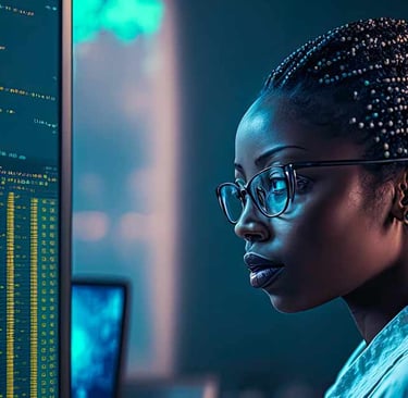 a Data Engineer black woman in glasses and a white shirt is looking at a computer screen