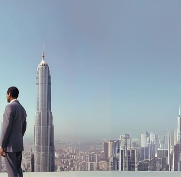 Business professionals overlooking a city skyline symbolizing global business strategy and growth.