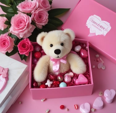 An elegant display of assorted love-themed gifts.