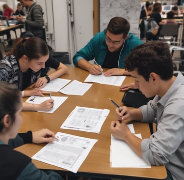 Close-up of hands organizing documents with a pen and highlighter on a wooden desk.