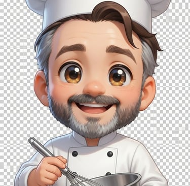 Smiling cartoon male chef with a whisk and mixing bowl, featuring a Dutch call to action button.
