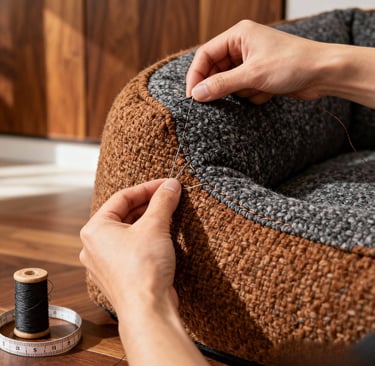 Artisan hand-stitching the cushion of a walnut and boucle luxury cat bed in workshop setting.