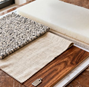 Luxury cat bed materials including boucle, linen, walnut, and memory foam arranged in a refined flat