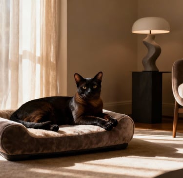 Black cat relaxing on a designer and boucle cat bed in a mid-century modern interior