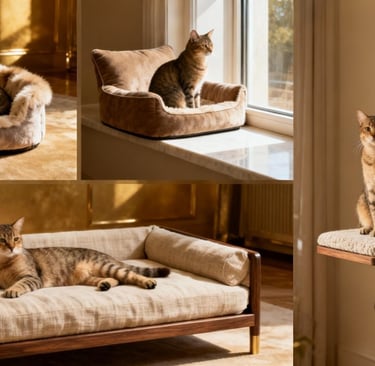 Sustainable luxury cat bed made with natural materials and eco-certified fabrics in a serene,