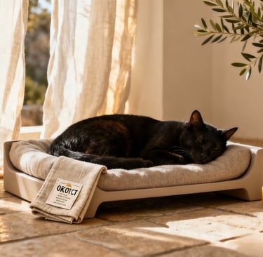 Sustainable luxury cat bed made with natural materials and eco-certified fabrics in a serene, sunlit