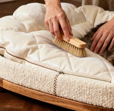 Maintaining a luxury cat bed with gentle cleaning for long-term comfort. Cat is Main coon