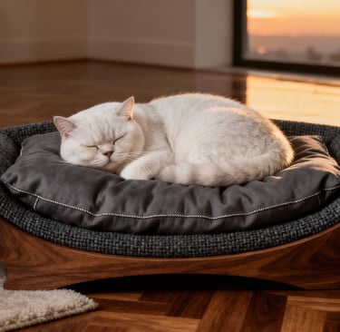 White cat sleeping on a walnut and charcoal luxury cat bed at sunset.
