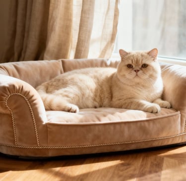 Persian cat resting on a beige linen luxury cat bed in soft morning light.