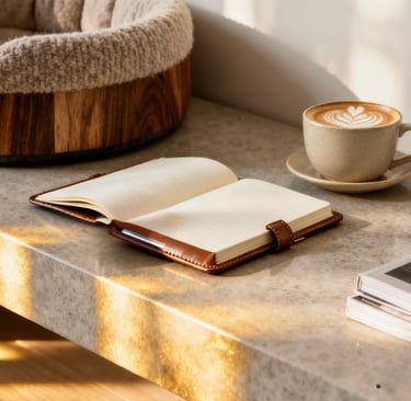 Luxury cat bed beside notebook and coffee cup in an elegant modern setting.