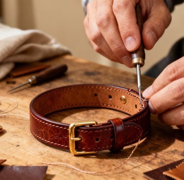 Artisan hand-stitching a luxury cat collar from Italian leather with brass hardware i
