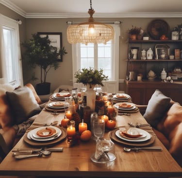 A beautifully set dining table with friends enjoying a meal together.
