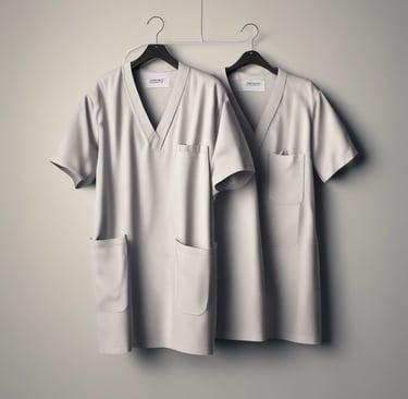A diverse range of nurse scrubs on hangers.