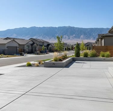 modern concrete driveway in Eagle Mountain, Utah, surrounded by suburban homes and mountain