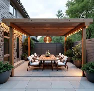 a concrete patio with a table and chairs 