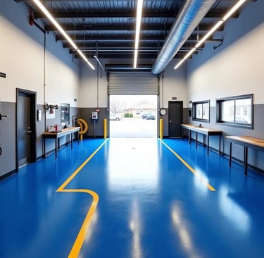 a large room with a blue floor epoxy flooring