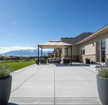 Finished concrete patio resurfacing at a home in Eagle Mountain, Utah with a smooth, durable surface