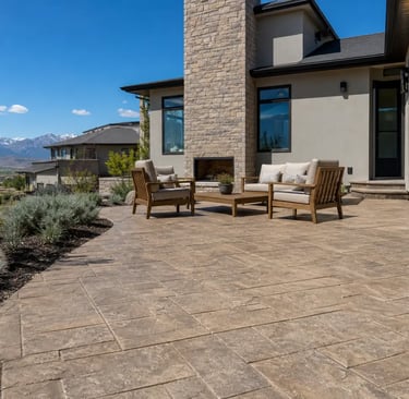 Freshly installed stamped concrete patio with an earth-tone stone pattern finish in a residential Eagle Mountain, UT backyard