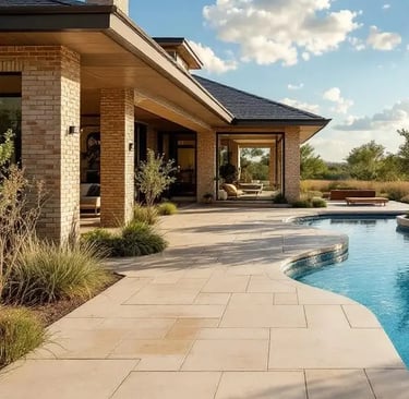 a pool with a large deck and a patio area