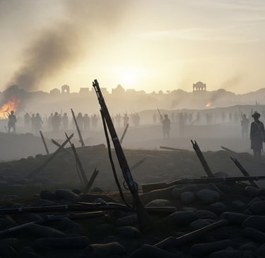 Aftermath of the 1857 Indian rebellion with battle ruins and dawn light.