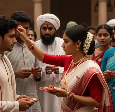 A young Bengali woman in a traditional red-white saree applies a sacred phonta on her brother.