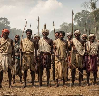 Brave tribal villagers stand united against colonial forces during India’s freedom struggle.