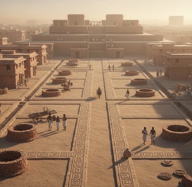 Illustrated aerial view of a planned Indus Valley Civilization city with grid streets.