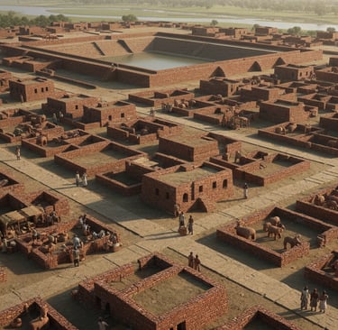 Illustration of an Indus Valley Civilisation city with brick houses, straight streets, Great Bath.