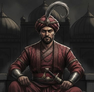 Illustration of a Malik Kafur in traditional attire with a turban and plume,