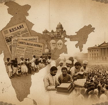 Banner showing key elements of the rise of Indian nationalism, including reformers, British-era.