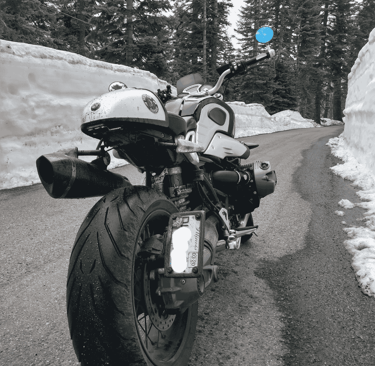 My 2014 BMW R9T in the mountains outside South Lake Tahoe in May 2019