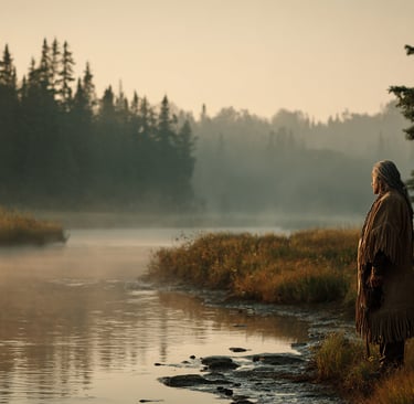 An Indigenous man in traditional buckskin clothing standing by a misty river at dawn in a pine forest.