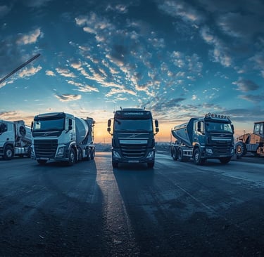 un groupe de camions garés sur un parking