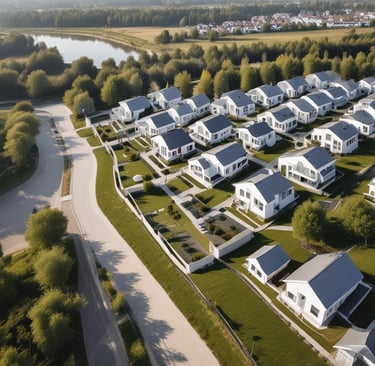 A two-story building with a yellow facade and blue shutters, featuring a real estate agency on the ground floor called Espaces Atypiques. A person is leaning out of an open window on the upper floor. There are parked cars in front of the building under a clear blue sky.
