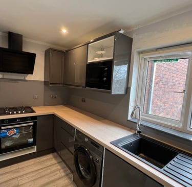 Kitchen installation cabinets and worktop sink, oven, washingashine