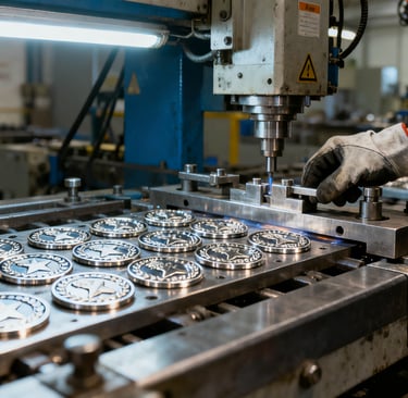 a man in a factory with a machine that is making a lot of metal