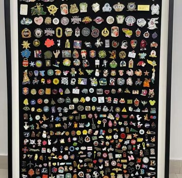 a framed display of a collection of pins and badges