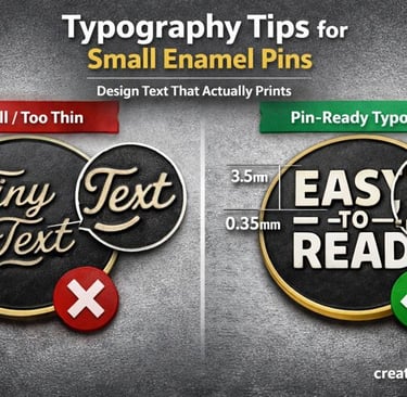 Comparison of unreadable and pin-ready typography for small enamel pin designs.