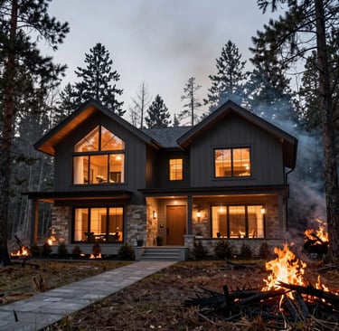 A modern luxury cabin in a pine forest at dusk with a large bonfire burning in the front yard.