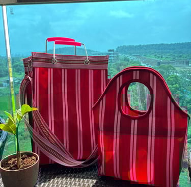 Red Striped fancy Indian Market bags made of Nylon plastic recycled traditionally crafted