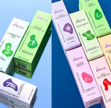 Aster skincare packaging, a variety of different colored boxes of different colors