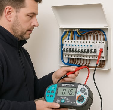 Domestic Electrician in london checking fuse box.