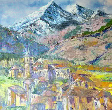 Pintura en acrílico de pueblo con montañas. Un paisaje colorido que llenará cualquier rincón de casa