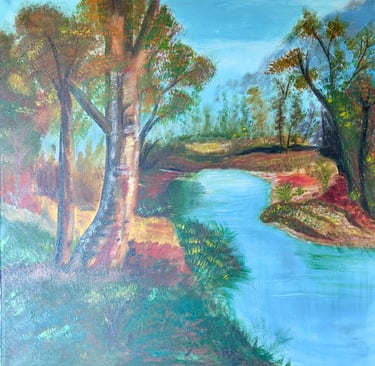 Pintura acrílica de río, árboles y cielo limpio. Invita a la reflexión y tranquilidad