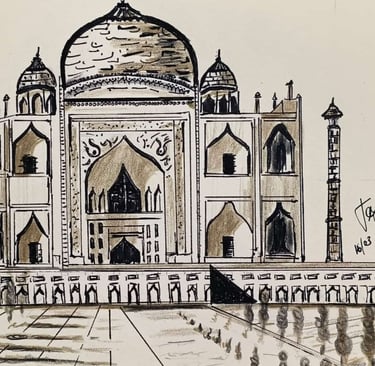 Taj Majal India , técnicas mixtas, tinta, lápices color D'Achè 