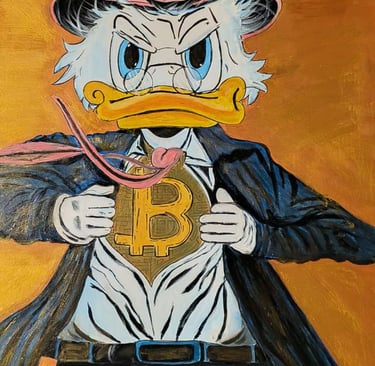 Pintura acrílica del Tío Gilito con Súper Bitcoin. Un guiño a la nueva moneda