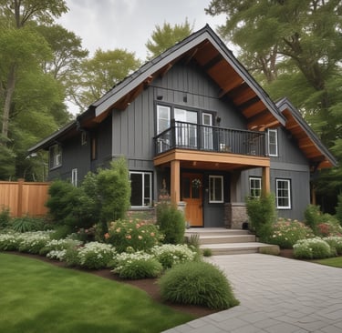 A modern two-story house with a sleek design featuring a mix of wood and glass elements. The facade includes large windows and balconies with glass railings. The surroundings are lush with well-maintained grass, rocks, and various trees.