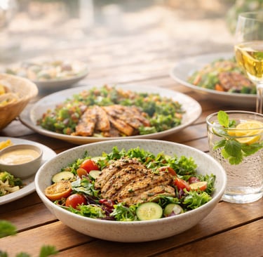 Refeição equilibrada em restaurante ao ar livre